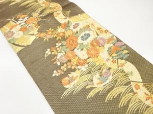 几帳に菊・牡丹・萩模様織り出し　袋帯